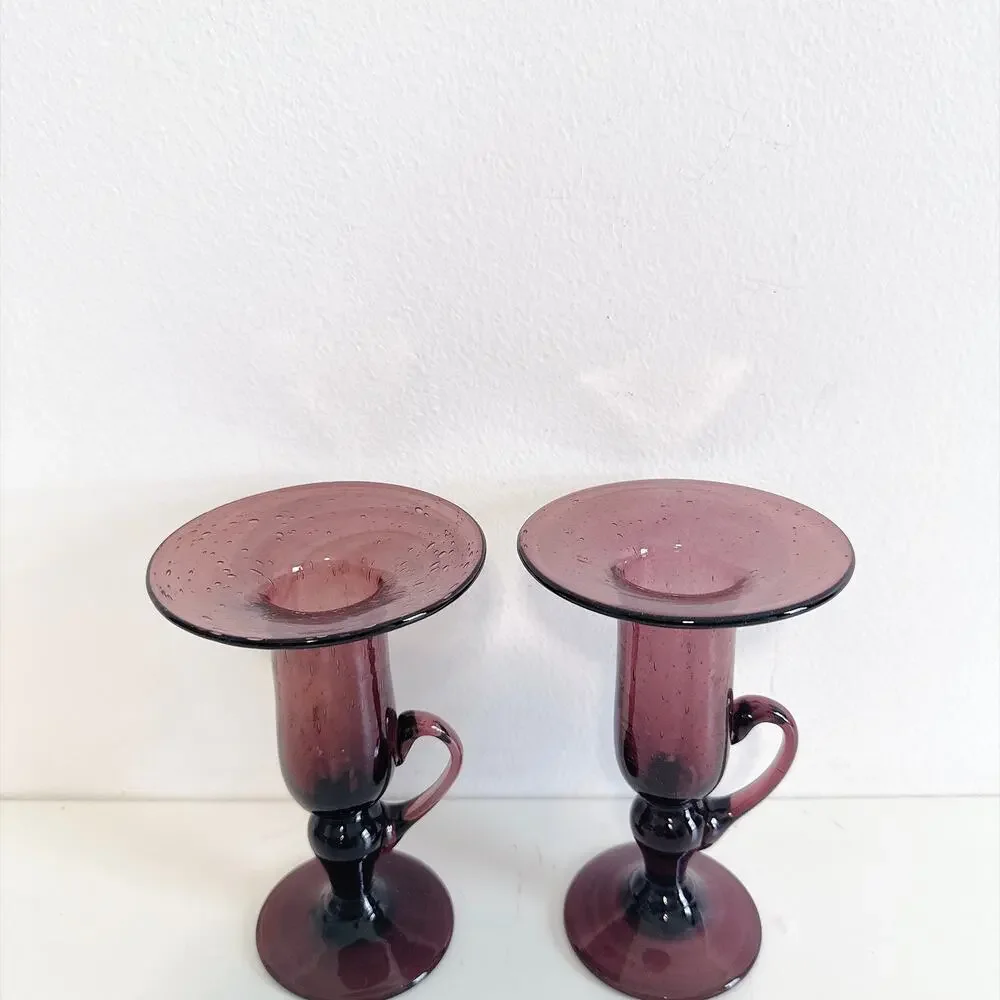 VTG LA VERRERIE DE BIOT FRENCH AMETHYST BUBBLE BLOWN GLASS PAIR CANDLE HOLDERS